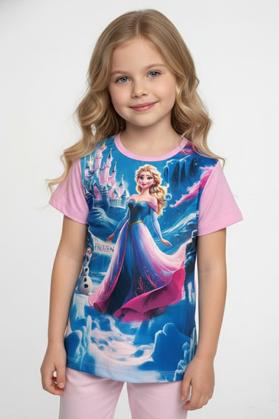 Vaxy Style Kız Çocuk Bisiklet Yaka Relax Fit Pamuklu Elsa Frozen Karlar Ülkesi Baskılı Kısa Kollu Tişört