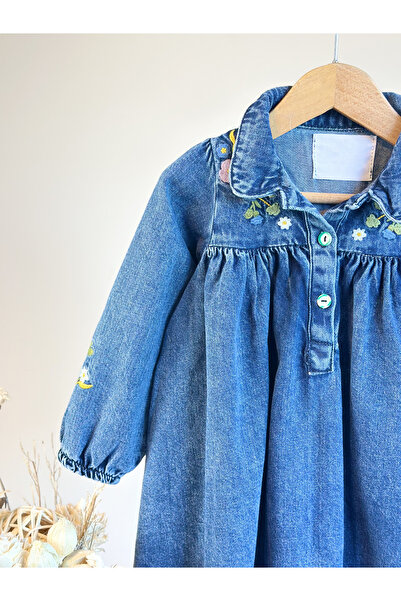 Pinkitokids Rochie din denim cu textura moale, cu detaliu de broderie florală