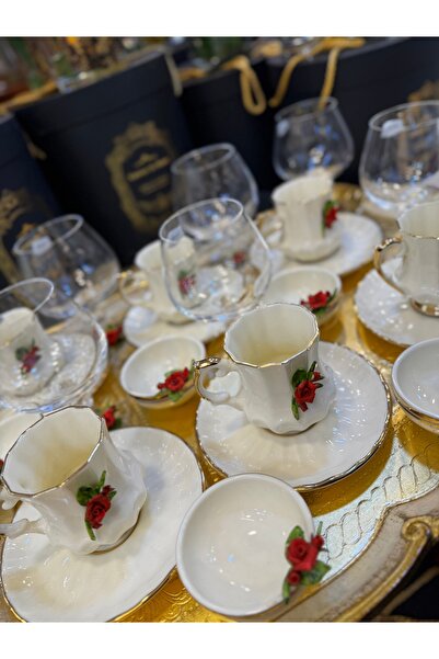 Handmade Esterhomedecor 6-Person Capodimonte Porcelain Coffee Cup, Glass and Turkish Delight Holder Set