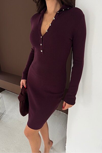 Noi Belis Premium Yarn Mini Size D Mock Neck Half Placket Button Knitwear Dress Aw25El0026