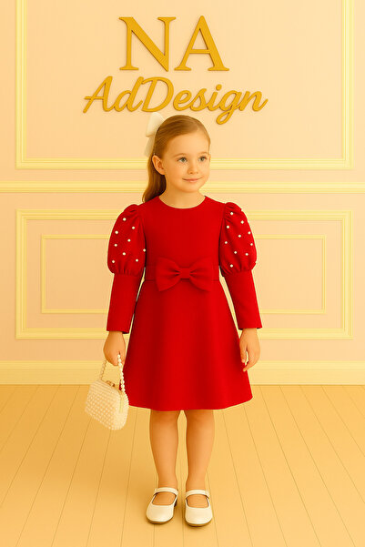 NA ADDESIGN Red Pearl Balloon Sleeves Double Crepe Fabric Girls' Dress