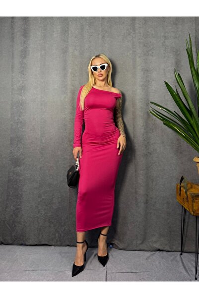 Fav Style Rochie lungă pentru femei, cu guler asimetric, cu un singur mânecă, cu șnur, fucsia