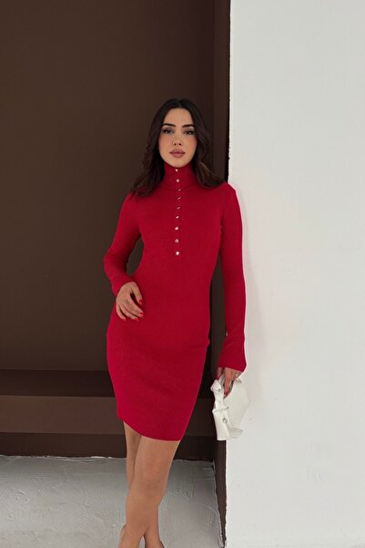 Noi Belis Premium Yarn Mini Size D Mock Neck Half Placket Button Knitwear Dress Aw25El0026