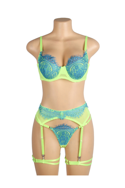 Lingerie and Fashion Style Green or Rose Spliced Eyelash Lace Bra Set