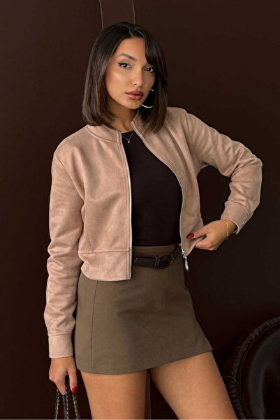 Caddebostan Moda Mink Suede Mock Neck Crop Jacket Modern Premium Luxury Trend Design Jacket