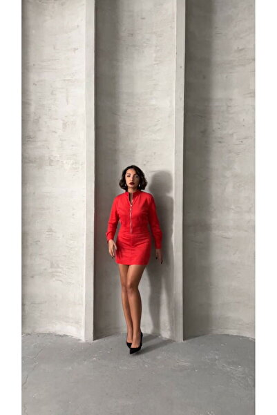 Caddebostan Moda Red Suede Mock Neck Crop Jacket Modern Premium Luxury Trend Design Jacket