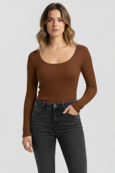 SWALORA U Neck Long Sleeve Corded Fabric Crop Blouse
