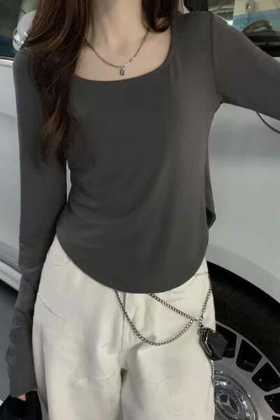 8line بلوزة نسائية سوداء ذات قصة مستقيمة وأكمام طويلة