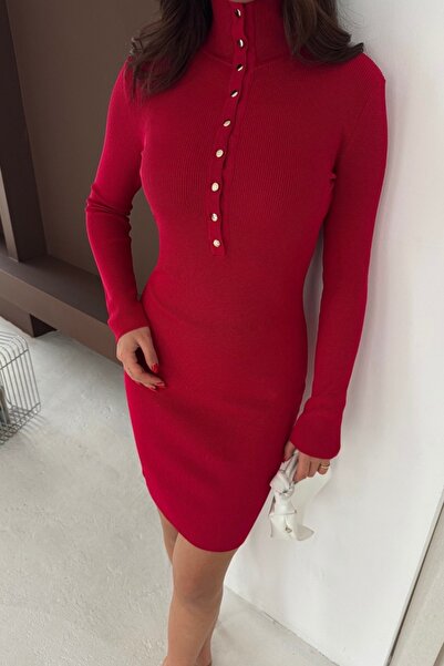 Noi Belis Premium Yarn Mini Size D Mock Neck Half Placket Button Knitwear Dress Aw25El0026