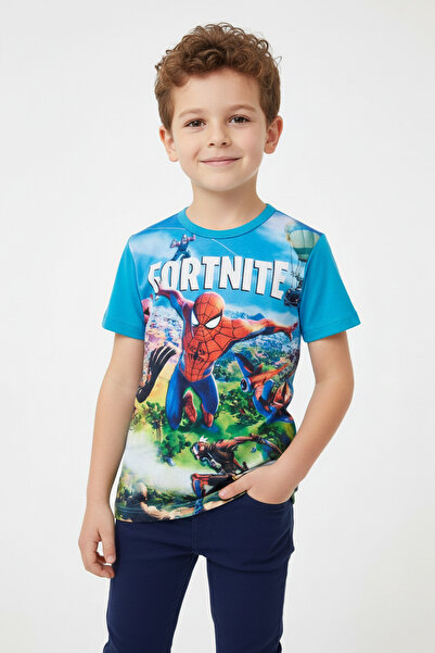 Vaxy Style Erkek Çocuk Bisiklet Yaka Relax Fit Pamuklu Fortnite Özel Figür Ka...