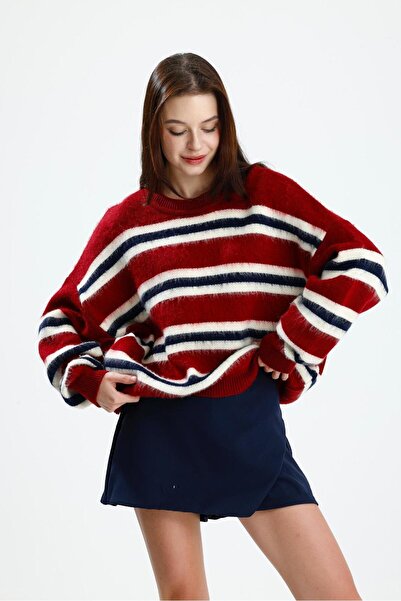 Rawanda Striped Fleece-Lined Sweater Burgundy