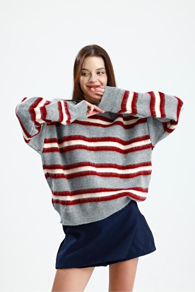 Rawanda Striped Fleece-Lined Sweater Gray