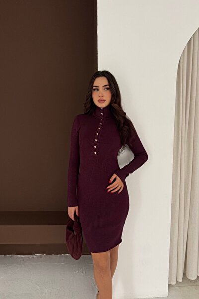 Noi Belis Premium Yarn Mini Size D Mock Neck Half Placket Button Knitwear Dress Aw25El0026