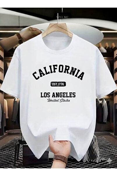 İnazuma Outdoors Unisex Oversized Printed Cotton Crew Neck Short Sleeve White T-Shirt California