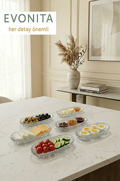 EVONİTA 6’lı Oval Cam Kahvaltılık Seti Meze Sunum Tabağı Şeffaf Servis Tabakları Çerezlik Atıştırmalık