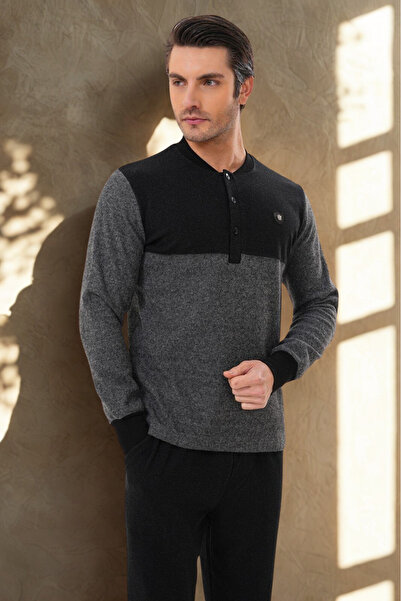 bigmama Men's Grey Winter Pajama Set - Plus Size Patchwork Thessaloniki Fabri...