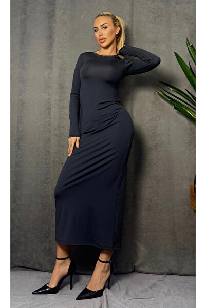Fav Style Women's Crew Neck Long Sleeve Long Dress Anthracite