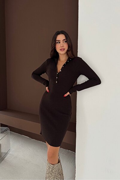 Noi Belis Premium Yarn Mini Size D Mock Neck Half Placket Button Knitwear Dress Aw25El0026