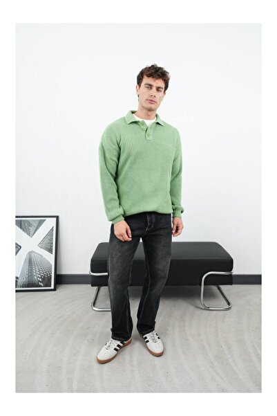 perasttesktil Men's Collared Buttoned Corded Fabric Oversized Sweater