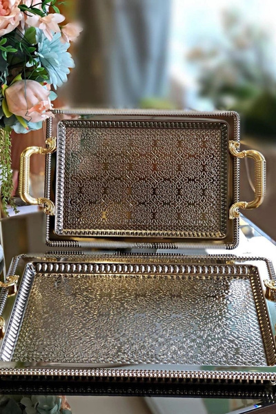 Ahinur Mutfak صينية تقديم مستطيلة فاخرة من الفولاذ المقاوم للصدأ مكونة من قطعتين