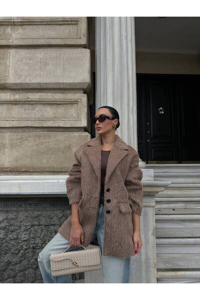 Julidress Beige Special Textured (Bearded) Double Pocket Oversized Premium Blazer Cashmere Jacket