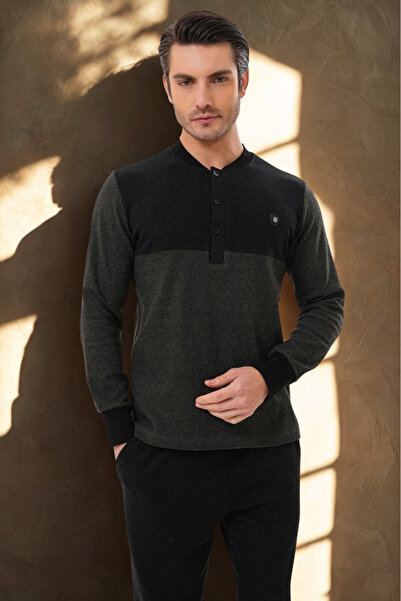 bigmama Men's Black Winter Pajama Set - Plus Size Patchwork Thessaloniki Fabr...