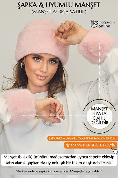 Mağazam Online Premium British Royal Style Kalpak Hat Women's Winter Beanie Plush Faux Fur - Mink Pink