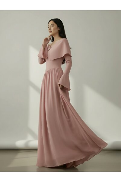 DADUCOLLECTİON فستان سهرة طويل بأكمام طويلة غير متماثلة من داستي روز