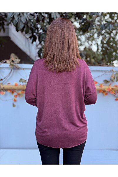 DenizEge Women's Ring Motif Embossed Angora Blend V-Neck Knitwear Burgundy