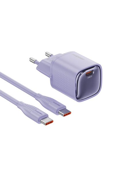 realpower GaN 30W USB-C hızlı şarj cihazı ve kablo set mor (USB-C - USB-C 60W...