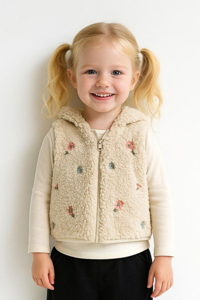 Ürünya Kız Çocuk Welsoft Çiçek Nakışlı Yelek