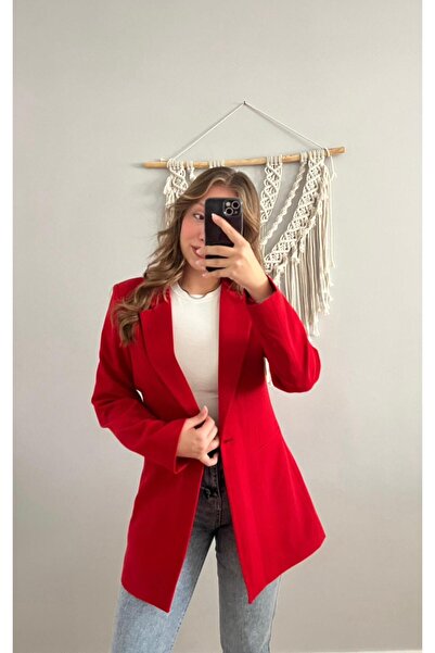 NEŞEM STİLL Kadın Kırmızı Vatkalı Astarlı Blazer Ceket