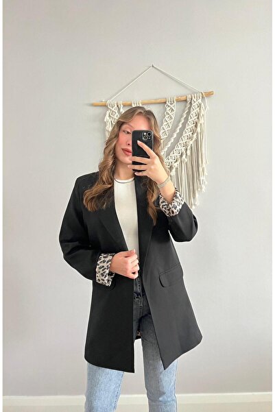 NEŞEM STİLL Kadın Siyah Leopar Astarlı Vatkalı Blazer Ceket