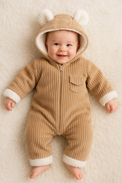 MYZİ STORE Βρεφική φόρμα κοτλέ με βελούδινη επένδυση και αυτιά αρκουδάκι, χειμερινή unisex