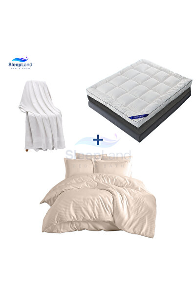 SLEEPLAND Hotel-style 14cm thick mattress pad set with cotton bath towel and beige hotel-style bedspread