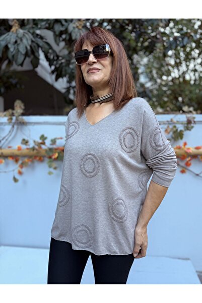 DenizEge Women's V-Neck Knitwear with Ring Motif Embossed Angora Blend in Gray