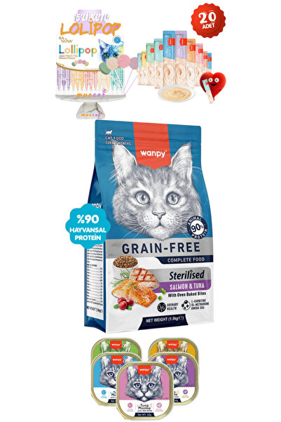 Wanpy Tahılsız Kısırlaştırılmış Somon ve Tuna 1,5Kg Kedi Maması + Ödül Seti