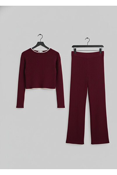 YusGos Women's Crew Neck Shepherd Stitch Knit Crop Sweater Pants Knitwear Top and Bottom Set Burgundy-S