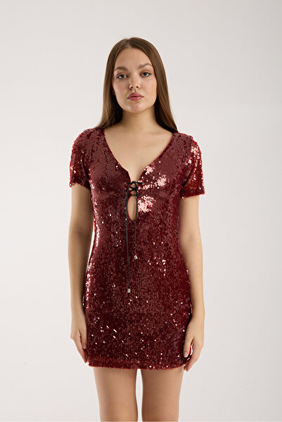 Lasiento Scarlet Bordo Payet Mini Elbise