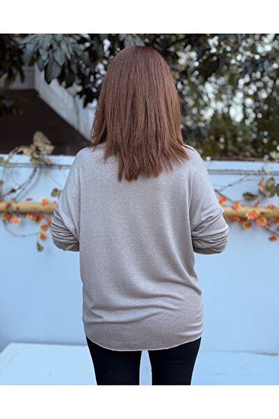 DenizEge Women's V-Neck Knitwear with Ring Motif Embossed Angora Blend in Gray