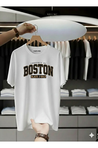 İnazuma Outdoors Unisex Oversized Printed Cotton Crew Neck Short Sleeve White T-Shirt Boston