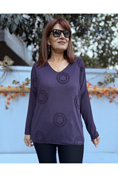 DenizEge Women's Ring Motif Embossed Angora Blend V-Neck Knitwear Plum