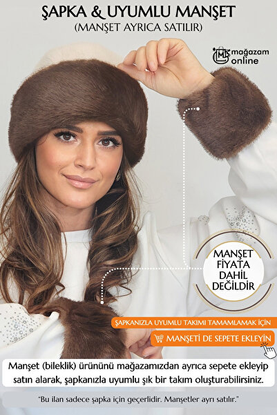Mağazam Online British Royal Style Kalpak Hat Women's Winter Beanie Plush Faux Fur -Mink Cream Dark Coffee