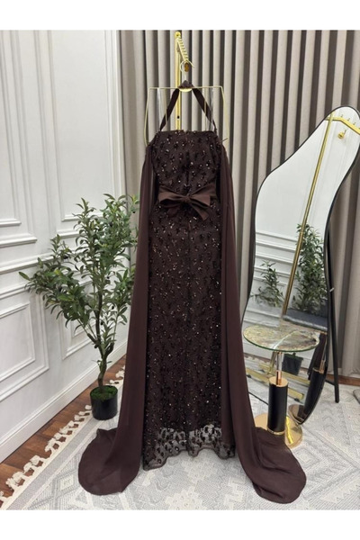 Nice Model Brown Sequin Evening Gown Chiffon Cape Sleeves Floor Length Formal Dress Elegant Party Wedding