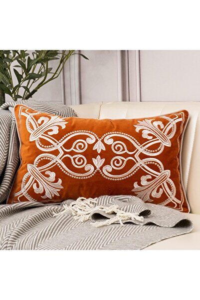 Aeckself 12 x 20 Inch Velvet Embroidered Floral Cushion Cover (30 x 50 cm) - Orange & White