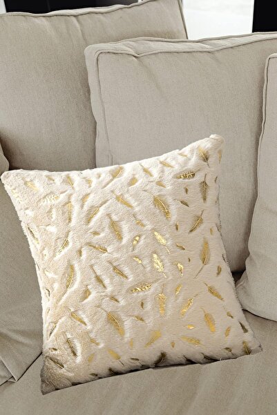 Generic N3ma Decorative Faux Fur Pillow Cover with Feather Pattern, 45x45 cm, Set of 2 (Beige)
