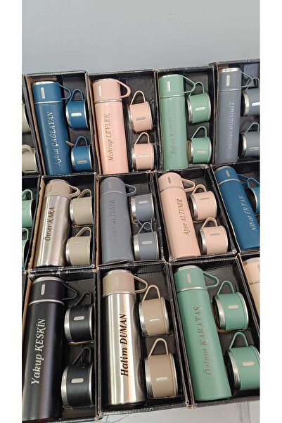 DeryalarDijital Kişiye Özel Baskılı Hediyelik 3 Fincanlı Termos Vacum Set 500 ml