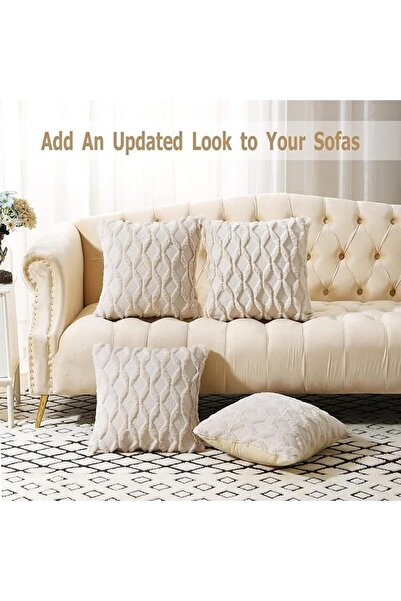 Yelajoy 2-Pack 45×45cm Faux Wool Embroidered Pillow Covers, Beige Geometric