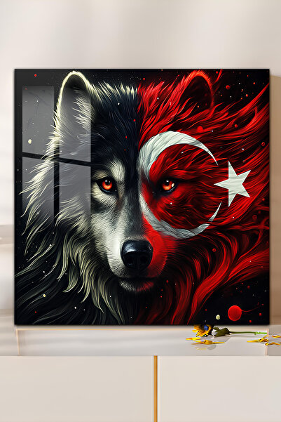 kutuTR 3D Görünümlü 2D UV Baskı Temperli Cam Tablo–Bozkurt ve Türk Bayrağı Te...
