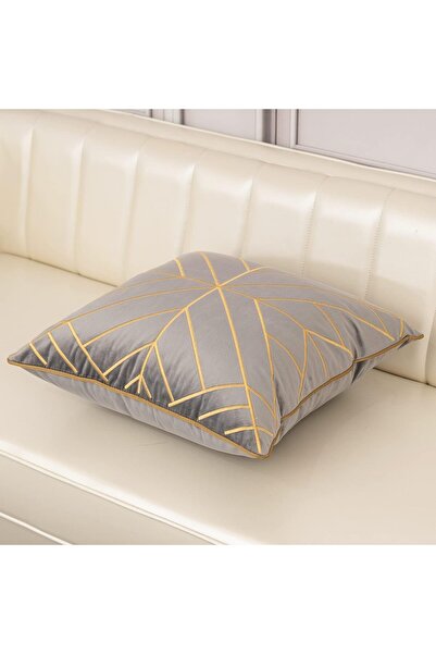 Aeckself 20x20 Inch Grey Gold Striped Geometric Embroidery Velvet Cushion Cover 50x50cm